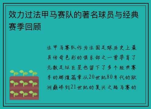 效力过法甲马赛队的著名球员与经典赛季回顾